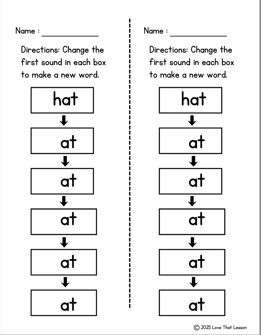 Word Chaining Activities for K–2 | Phonics Printables for Encoding, Decoding & Phoneme Substitution - Love That Lesson Shop