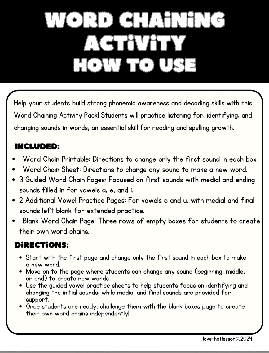 Word Chaining Activities for K–2 | Phonics Printables for Encoding, Decoding & Phoneme Substitution - Love That Lesson Shop